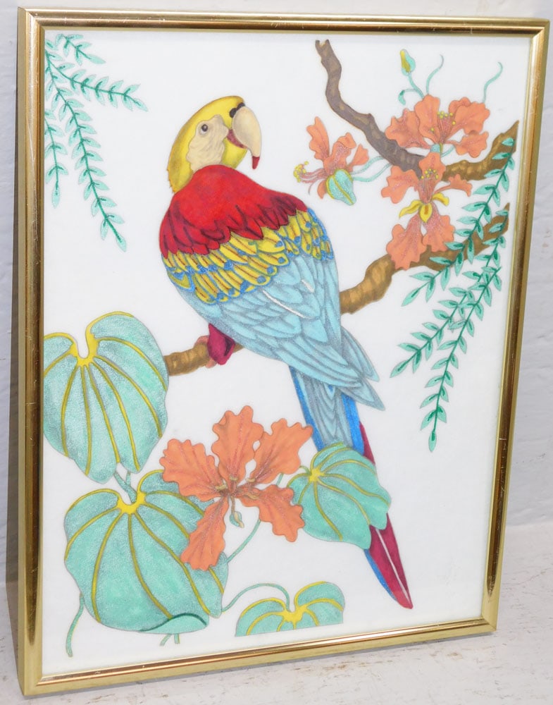 Framed Chinoiserie Style Painted on Fabric Scarlet Macaw with Tropical Foliage (1 of 3)
