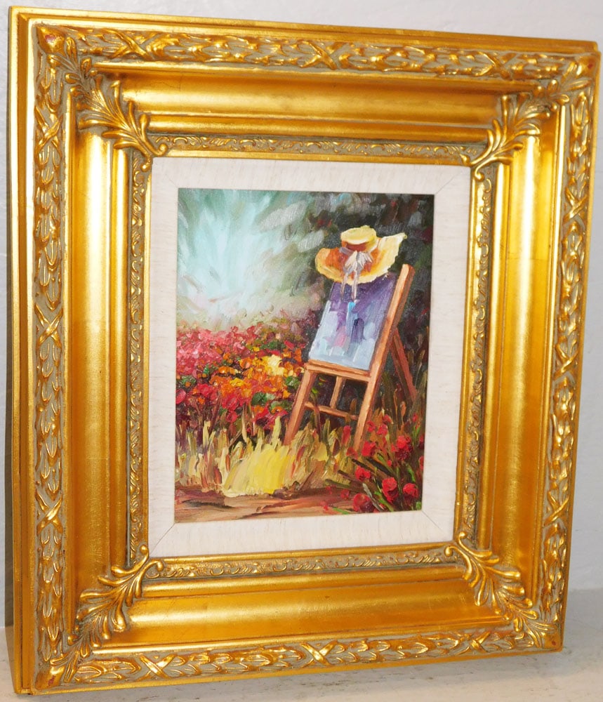 Ornate Gilded Frame Oil on Canvas of an Artist Easel in Outdoor Floral Garden (1 of 3)