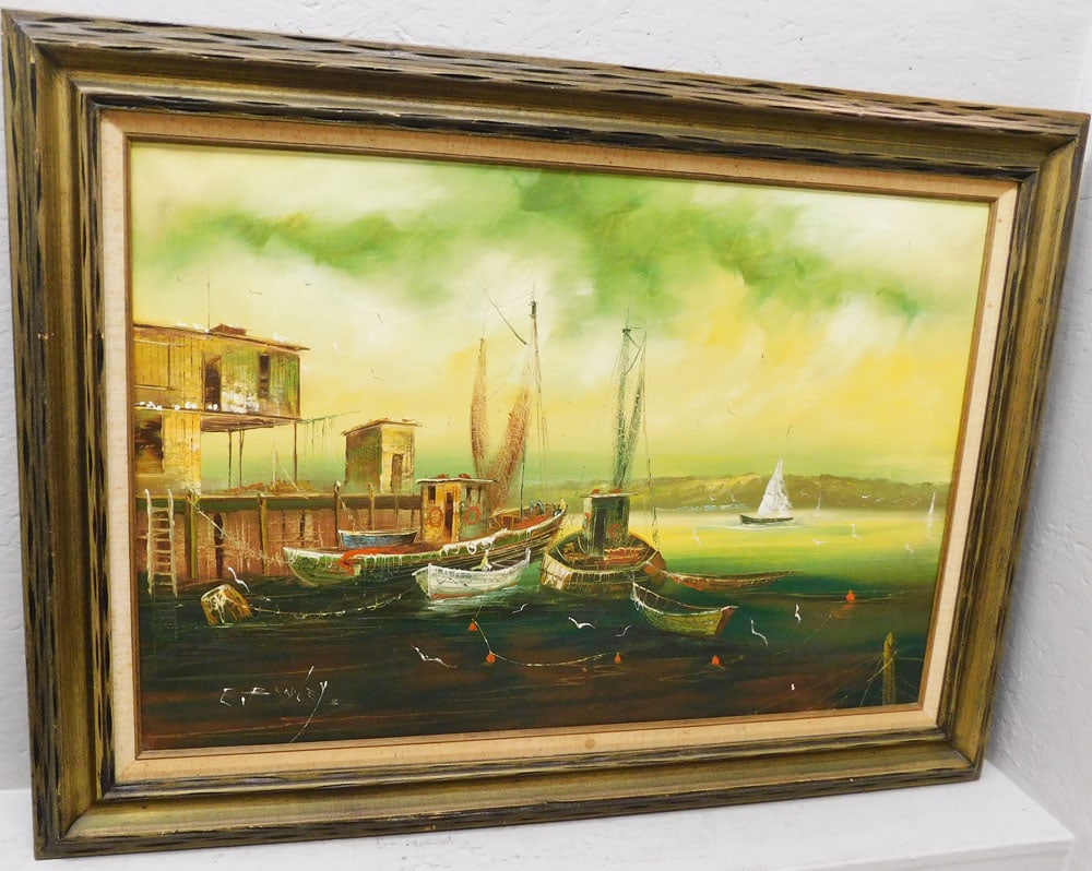 Framed Oil on Canvas Boat Dock Scene Artist Signed (1 of 4)