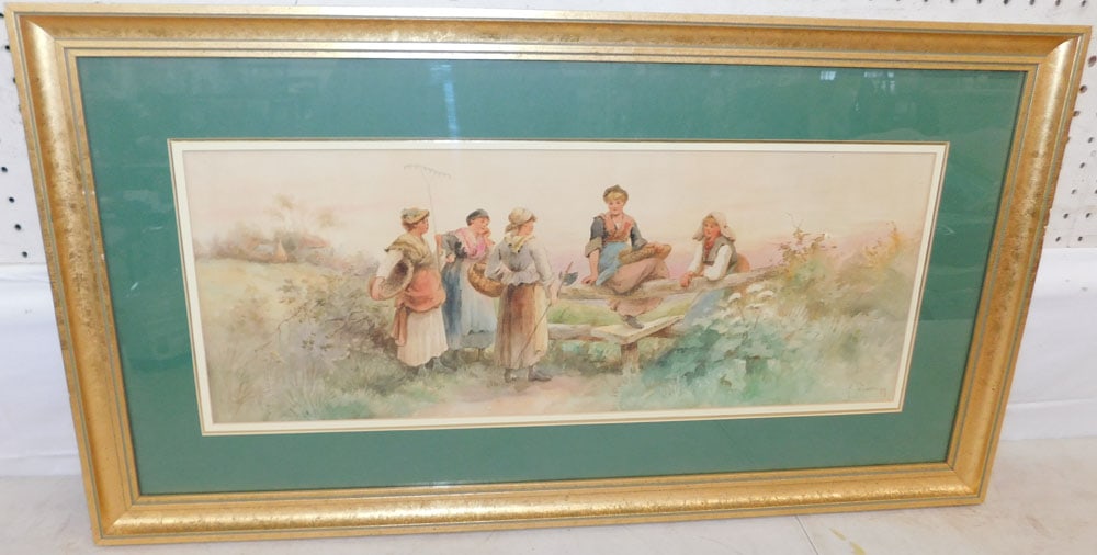 Framed Country Scene Watercolor of Women Working Artist Signed (1 of 5)