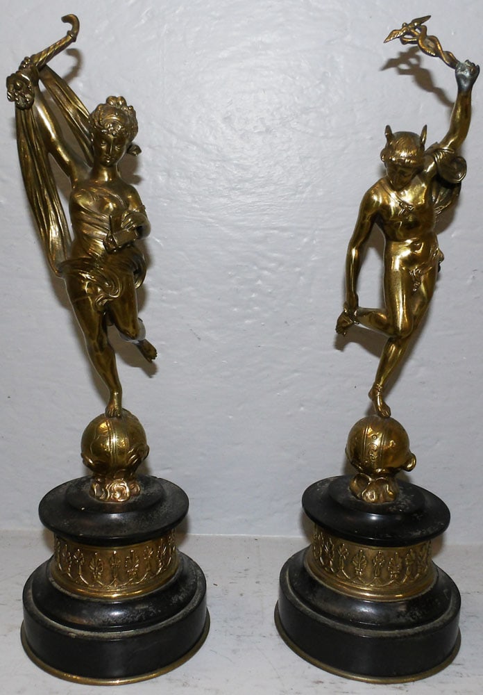 Pair of Bronze Neoclassical Figures on Marble Bases: Pair of Bronze Neoclassical Figures on Marble Bases . 14 3/4" H 5" Dia , "ALL DESCRIPTIONS AND ANY CONDITION STATEMENT GIVEN BY LANGSTON AUCTION GALLERY ARE STRICTLY OPINIONS AND LANGSTON'S SHALL HAVE