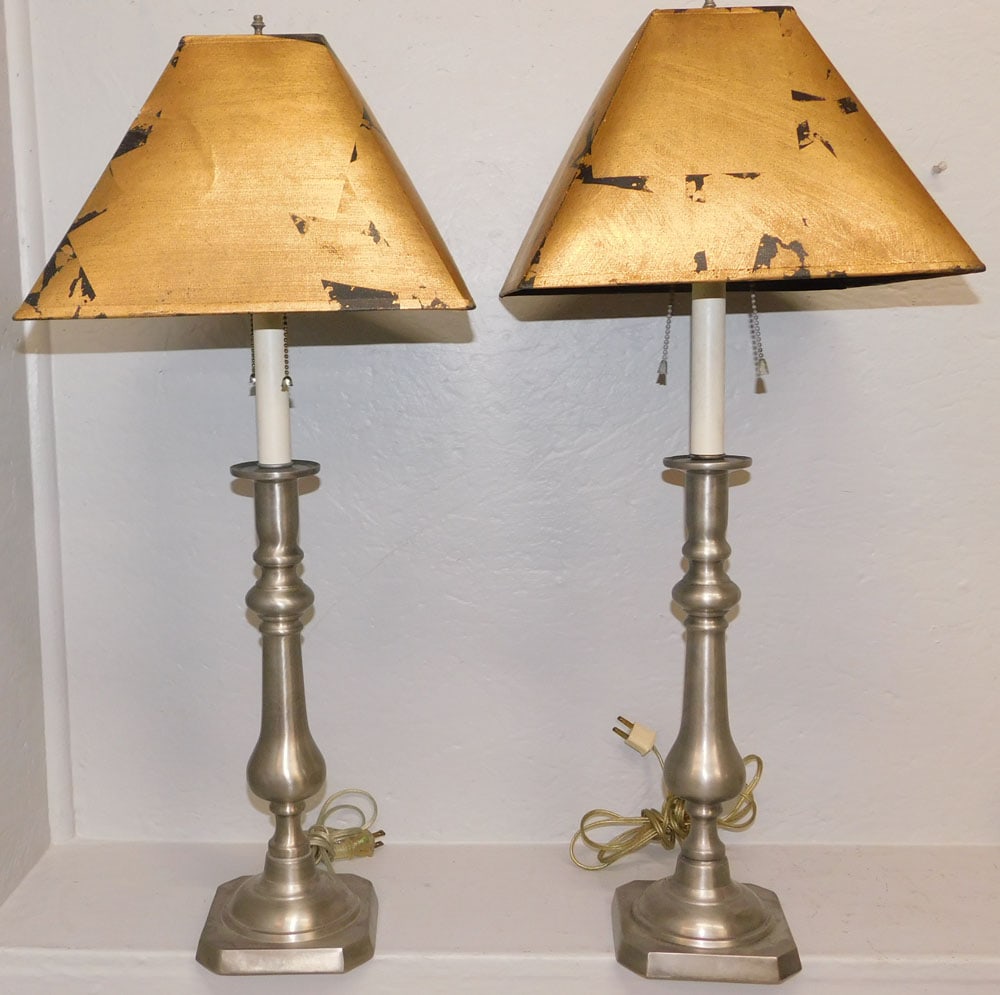 Pair Brass Virginia Metalcrafters Lamps With Glass Hurricane Shades (1 of 6)