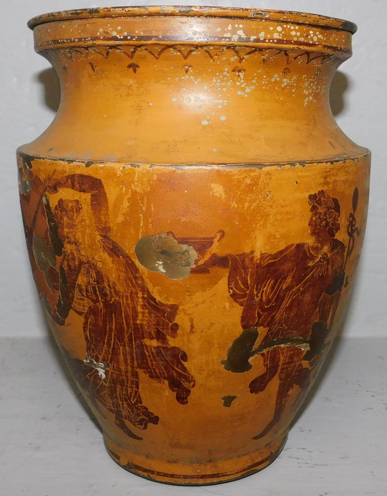 Antique Copper Vase With Grecian Decoration: Antique Copper Vase With Grecian Decoration. 9" H 7 1/2" Dia , "ALL DESCRIPTIONS AND ANY CONDITION STATEMENT GIVEN BY LANGSTON AUCTION GALLERY ARE STRICTLY OPINIONS AND LANGSTON'S SHALL HAVE NO
