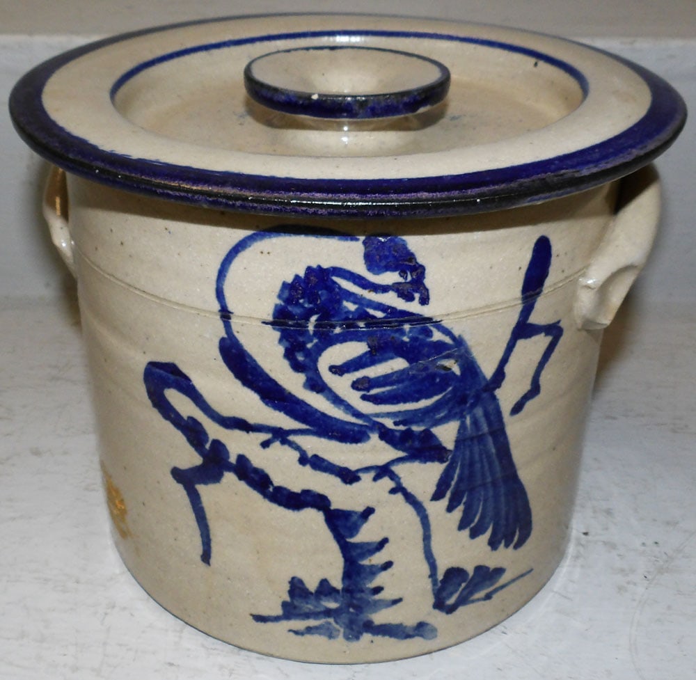 Blue Decorated Stoneware Pottery Covered Crock Artist Signed (1 of 5)