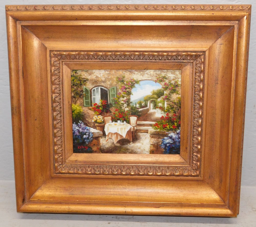 Oil on Canvas of a Mediterranean Courtyard Scene with a Table Set Artist Signed: Oil on Canvas of a Mediterranean Courtyard Scene with a Table Set Artist Signed. 18 1/2" X 20 1/2", "ALL DESCRIPTIONS AND ANY CONDITION STATEMENT GIVEN BY LANGSTON AUCTION GALLERY ARE STRICTLY