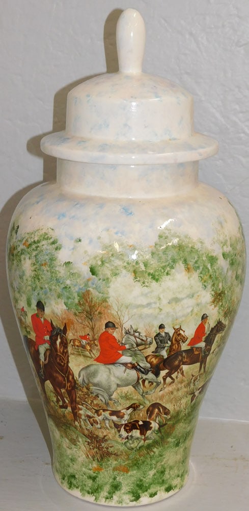 Large Paint Decorated Fox Hunt Equestrian Motif Covered Urn (1 of 3)