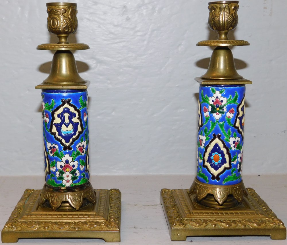Pair of Antique Brass & Painted Porcelain Candlesticks (1 of 6)