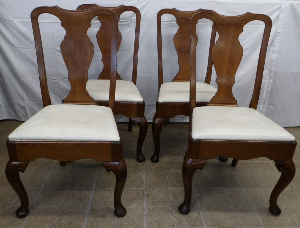 Set Four Antique Mahogany Queen Anne Leather Seat Dining Chairs (1 of 5)