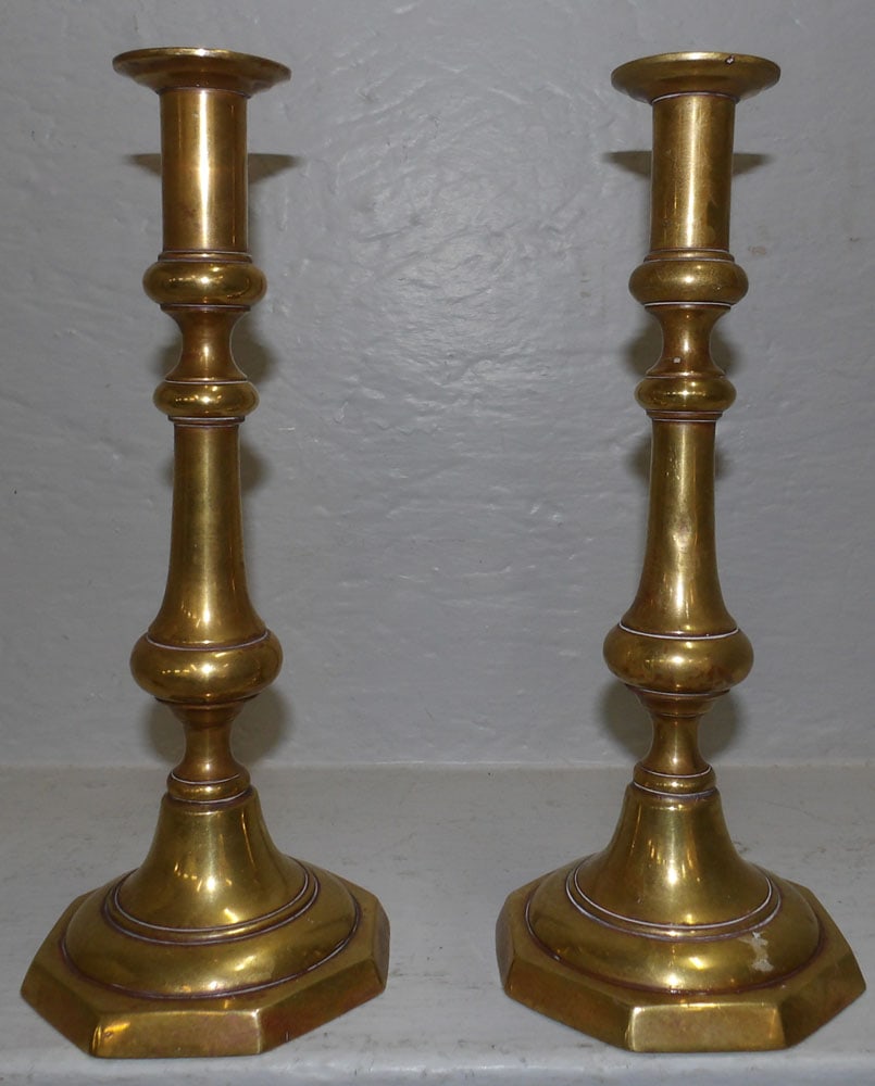 Pair Antique Brass Push Up Candlesticks (1 of 4)
