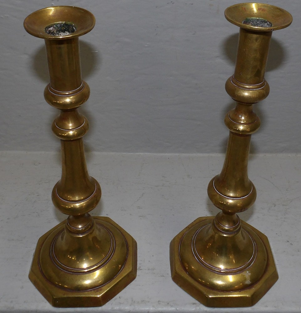 Pair Antique Brass Push Up Candlesticks - 2