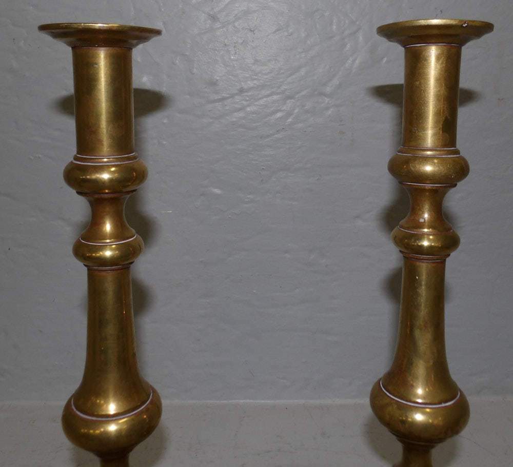 Pair Antique Brass Push Up Candlesticks - 4