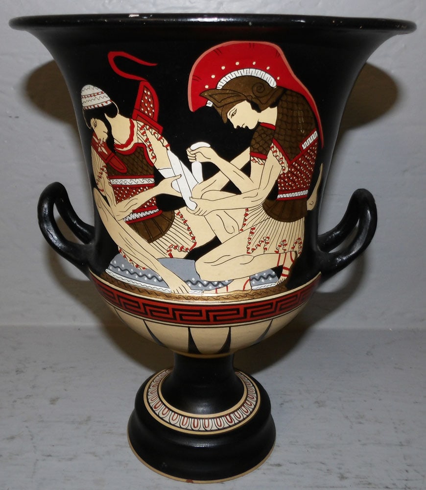 Pottery Urn with Grecian Hand Painted Decoration Signed Krater: Pottery Urn with Grecian Hand Painted Decoration Signed Krater. 10 1/4" H 7 1/2" Dia. , "ALL DESCRIPTIONS AND ANY CONDITION STATEMENT GIVEN BY LANGSTON AUCTION GALLERY ARE STRICTLY OPINIONS AND
