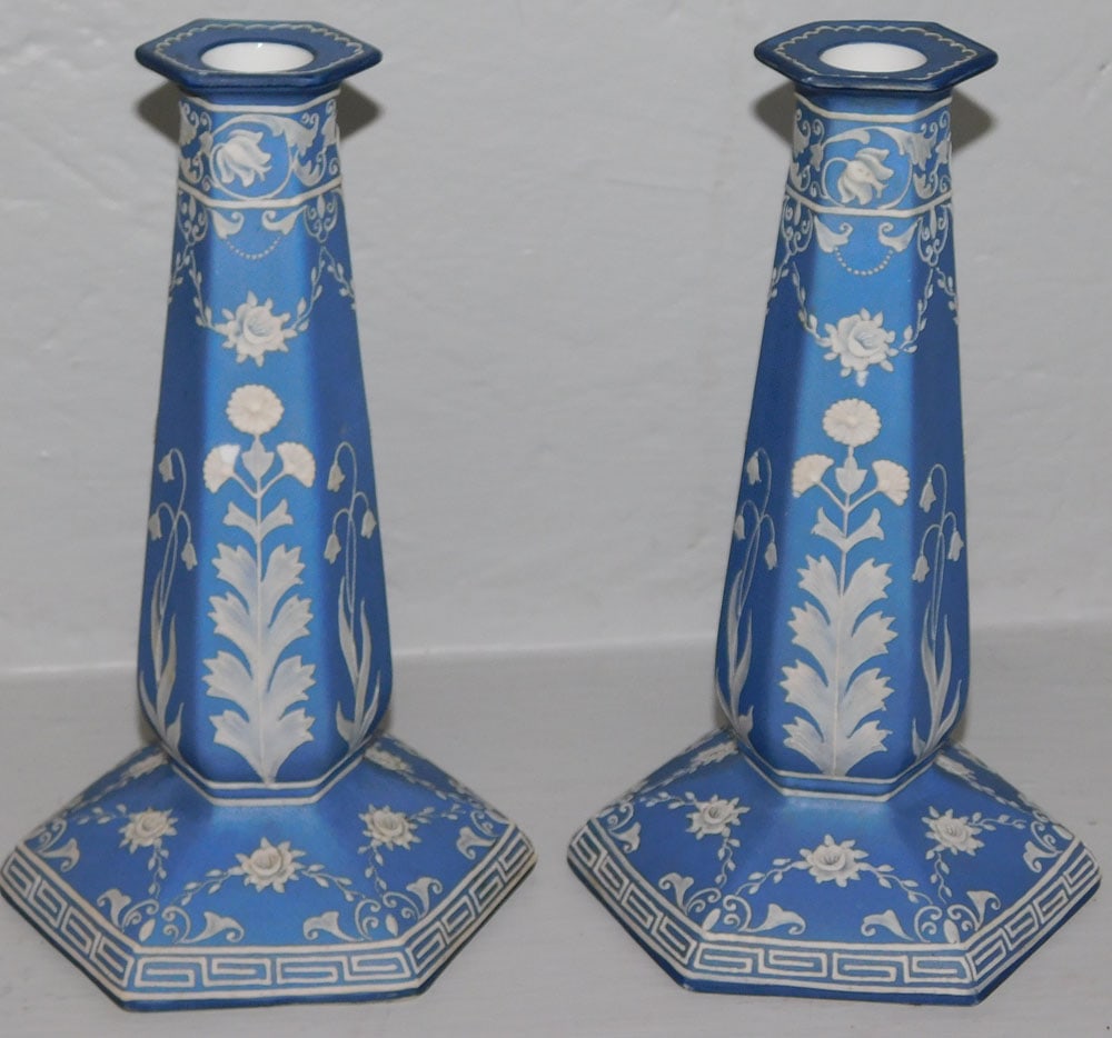 Pair of Antique Jasperware Highly Decorated Floral Candlesticks (1 of 3)