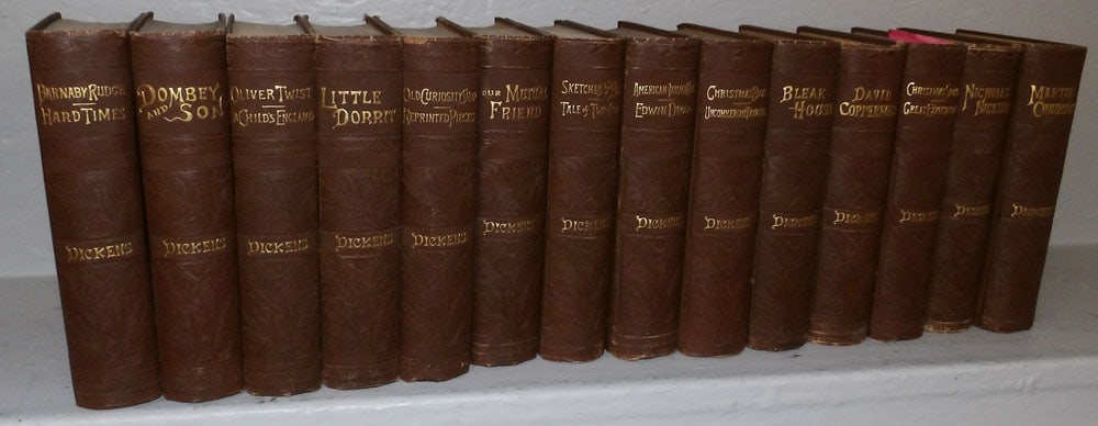 Fourteen Volumes of Charles Dickens Dated 1887: Fourteen Volumes of Charles Dickens Dated 1887. 7 3/4" x 5 1/2" , "ALL DESCRIPTIONS AND ANY CONDITION STATEMENT GIVEN BY LANGSTON AUCTION GALLERY ARE STRICTLY OPINIONS AND LANGSTON'S SHALL HAVE NO