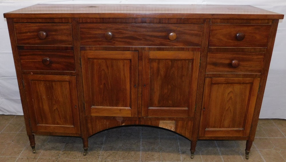 19th Century Mahogany Sheraton Sideboard, As Found Condition: 19th Century Mahogany Sheraton Sideboard, As Found Condition. 41 3/4" H 66 1/4" W 20 1/2" D, "ALL DESCRIPTIONS AND ANY CONDITION STATEMENT GIVEN BY LANGSTON AUCTION GALLERY ARE STRICTLY OPINIONS AND