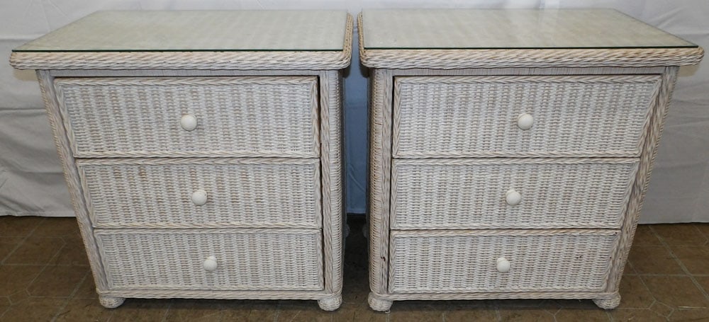 Pair of Painted Wicker Three Drawer Night Stands with Glass Tops (1 of 7)