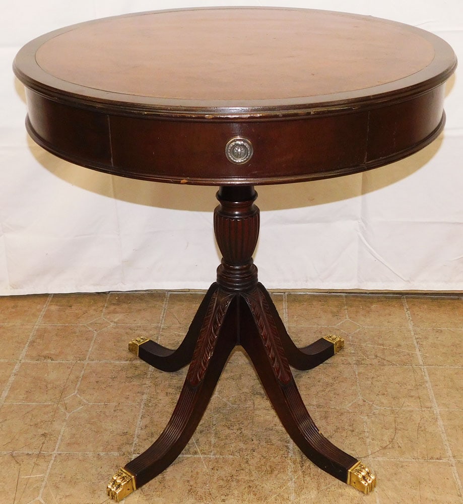 Mahogany Tooled Leather Top Drum Table with Two Drawers by Ferguson (1 of 5)