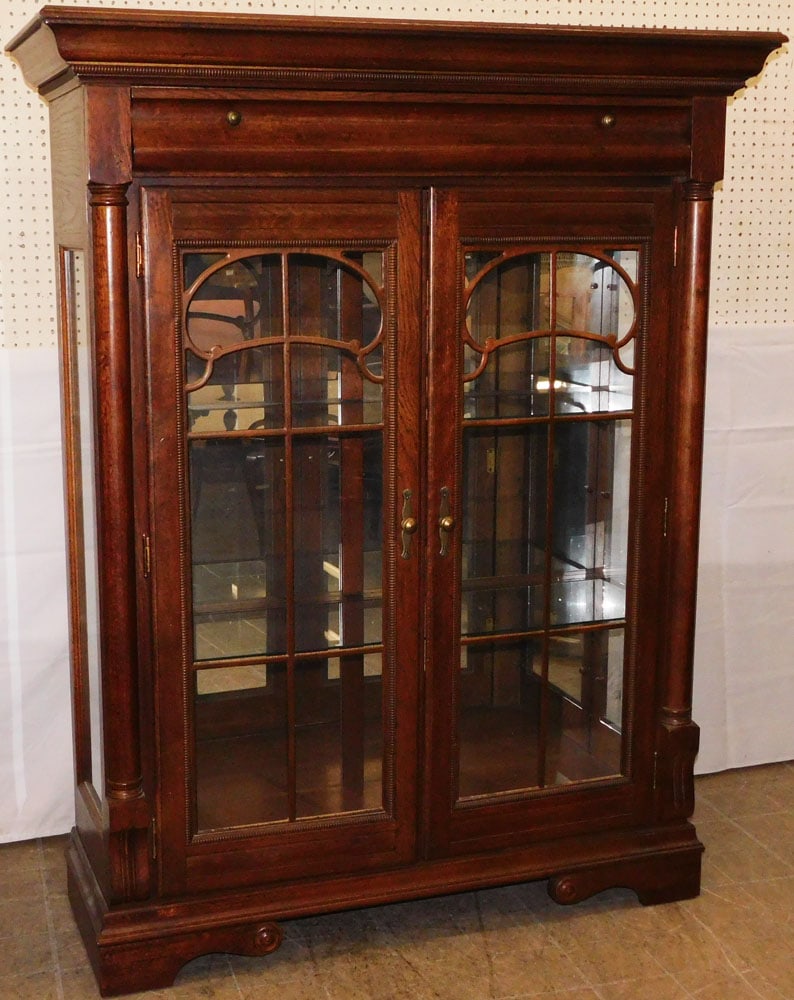 Oak & Glass Lighted Two Door Bookcase Cabinet with One Drawer (1 of 10)