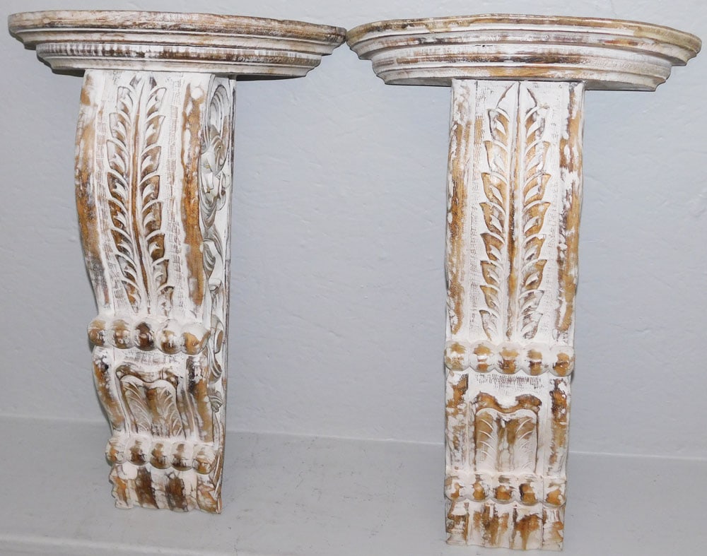 Pair of Large Distress Finished & White Washed Leaf Carved Wood Corbels (1 of 3)