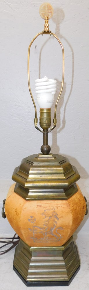 Gilded Metal & Leather Bound Lamp with Coat of Arms Motif (1 of 8)