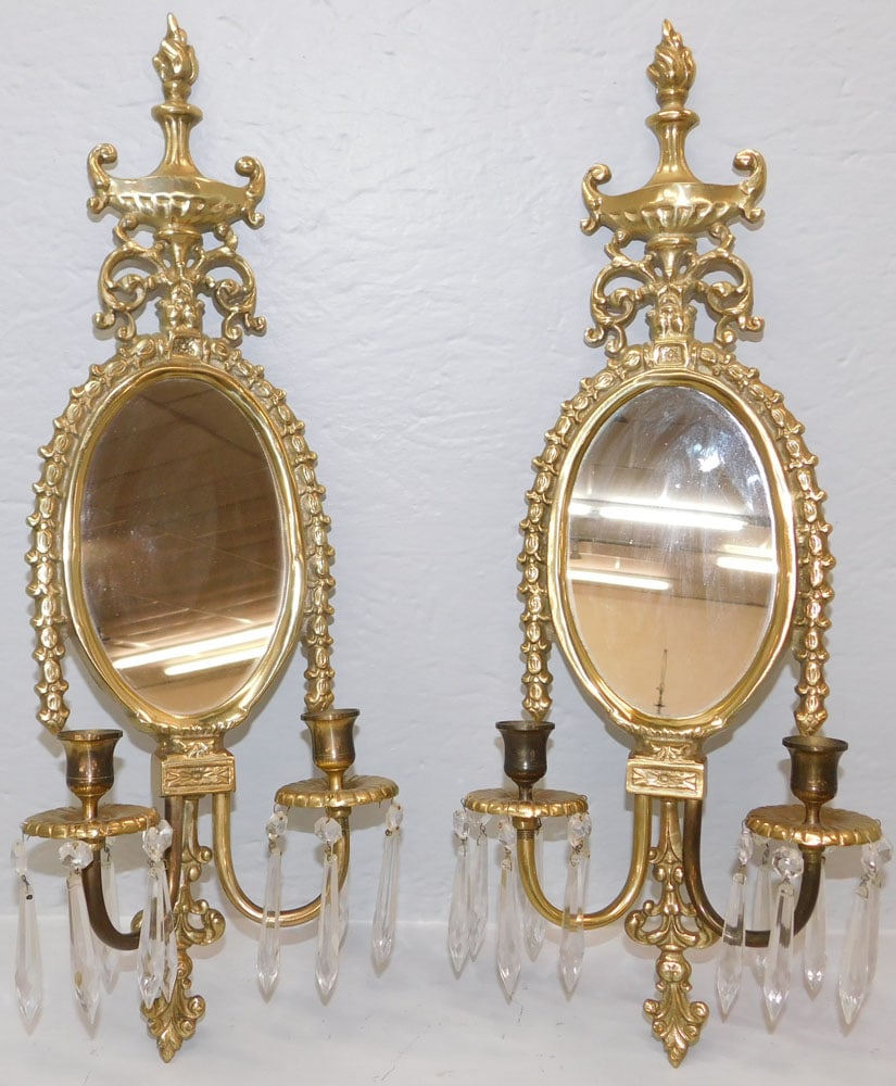 Pair of Brass Mirror Candle Sconces with Glass Prisms (1 of 6)