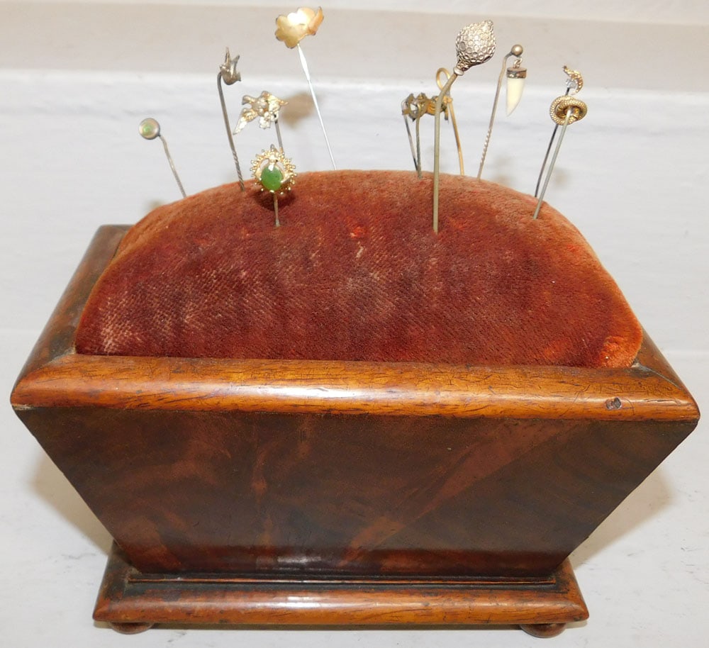 Antique Mahogany Pin Cushion with Pins: Antique Mahogany Pin Cushion with Pins . 6 1/2" H 7 3/4" W 4 3/4" D , "ALL DESCRIPTIONS AND ANY CONDITION STATEMENT GIVEN BY LANGSTON AUCTION GALLERY ARE STRICTLY OPINIONS AND LANGSTON'S SHALL HAVE