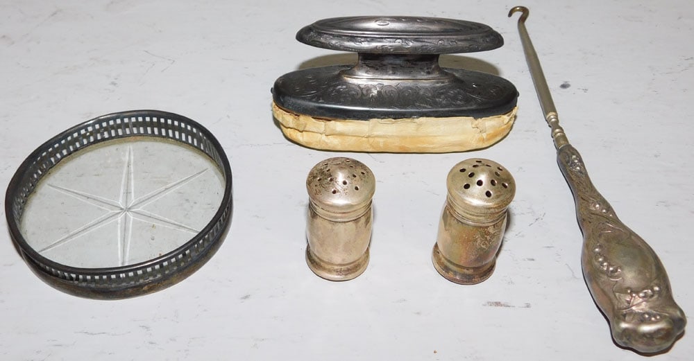 Sterling Rimmed Coaster, Sterling Salt & Pepper, Sterling Ladies File, & Sterling Handle Button Hook (1 of 3)