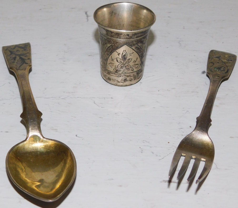 Three Antique Russian 875 Silver Items, (Spoon, Fork, & Kiddish Cup), 3.47 ozt. (1 of 5)