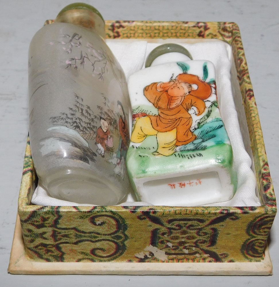 Two Oriental Snuff Bottles, (One Porcelain & One Reverse Painted on Glass) (1 of 4)