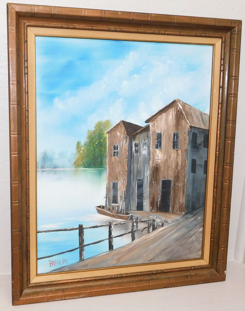 Framed Oil on Canvas Boat Dock Scene Artist Signed (1 of 4)