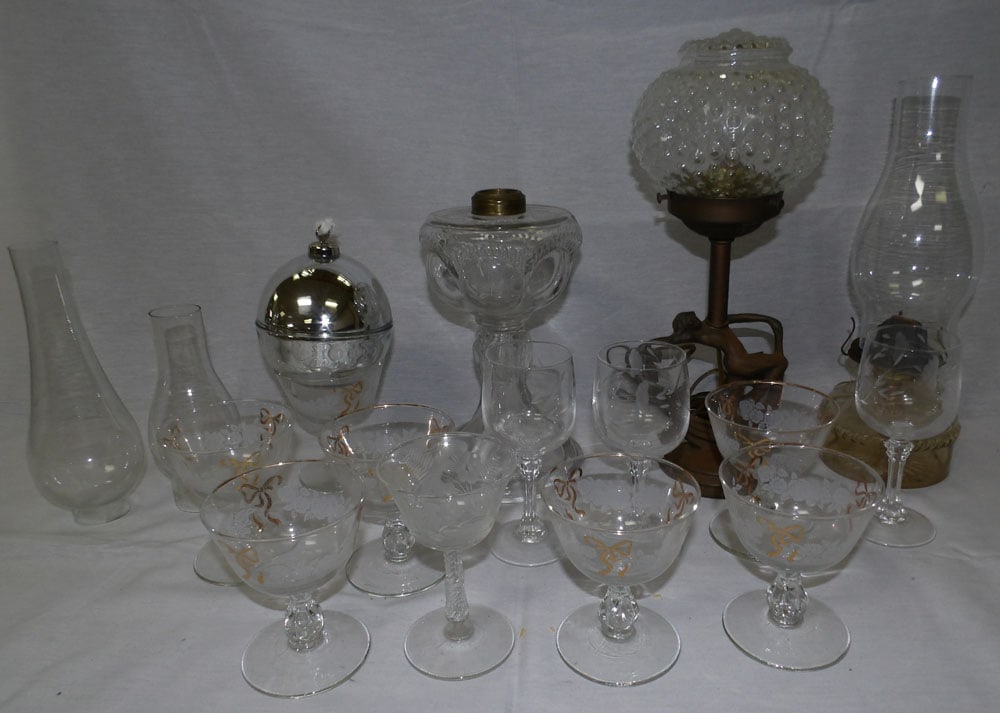 Lot Antique Glass Oil Lamps - Cast Iron Lamp (1 of 4)