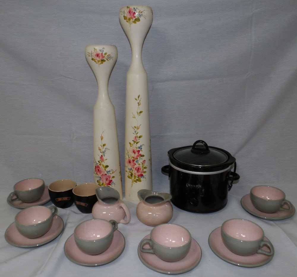 Lot Pottery Items - Wood Candleholders: Lot Pottery Items - Wood Candleholders. Up to 23 1/2" H 4" Dia. "ALL DESCRIPTIONS AND ANY CONDITION STATEMENT GIVEN BY LANGSTON AUCTION GALLERY ARE STRICTLY OPINIONS AND LANGSTON'S SHALL HAVE NO