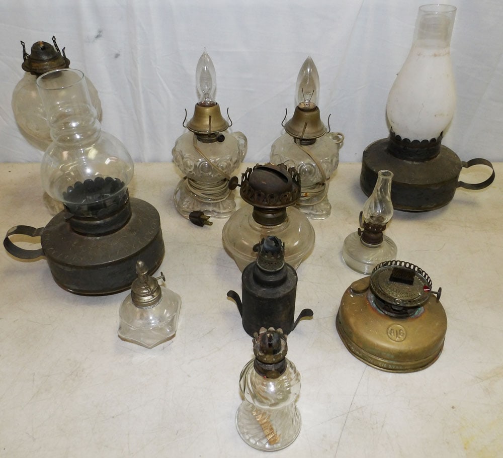 Lot of Glass Oil Lamps & Tin Candlestick Lamp (1 of 5)
