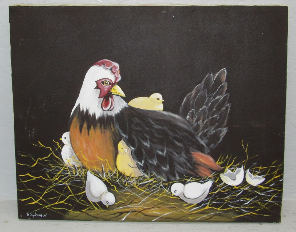 Oil on Canvas of Mother Hen & Baby Chicks Artist Signed: Oil on Canvas of Mother Hen & Baby Chicks Artist Signed . 16" x 20" "ALL DESCRIPTIONS AND ANY CONDITION STATEMENT GIVEN BY LANGSTON AUCTION GALLERY ARE STRICTLY OPINIONS AND LANGSTON'S SHALL HAVE NO