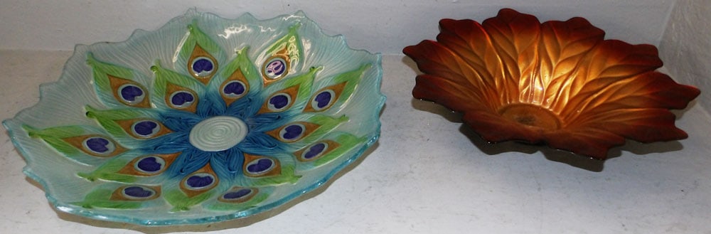 Two Large Painted Glass Bowls: Two Large Painted Glass Bowls . Up to 19" Dia. "ALL DESCRIPTIONS AND ANY CONDITION STATEMENT GIVEN BY LANGSTON AUCTION GALLERY ARE STRICTLY OPINIONS AND LANGSTON'S SHALL HAVE NO RESPONSIBILITY FOR