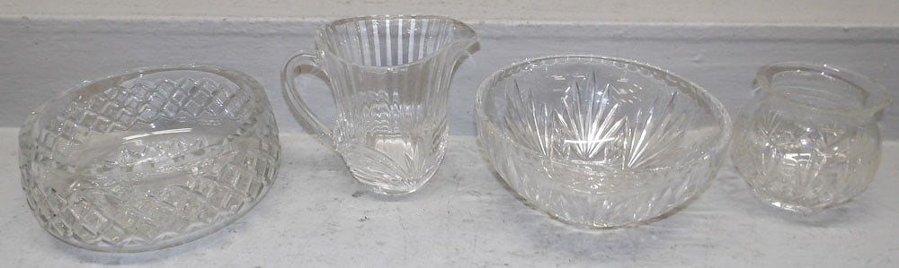 Two Crystal Bowls, Pitcher, & Vase: Two Crystal Bowls, Pitcher, & Vase. Up to 4" H 9" Dia. "ALL DESCRIPTIONS AND ANY CONDITION STATEMENT GIVEN BY LANGSTON AUCTION GALLERY ARE STRICTLY OPINIONS AND LANGSTON'S SHALL HAVE NO