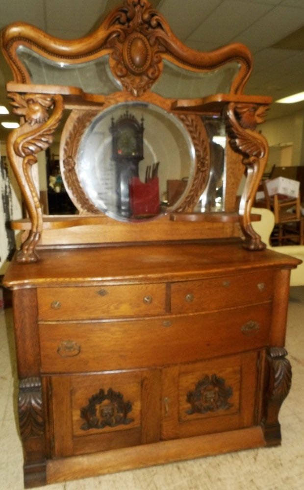 Antique Carved Oak Two Part Sideboard. (Missing One Bevel Edge Glass Mirror) (1 of 13)
