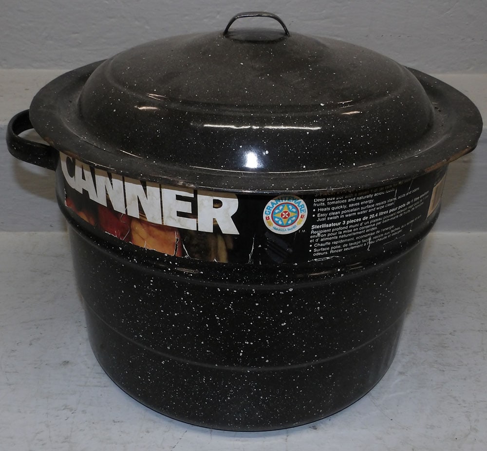 Enamel Pot: Enamel Pot. 11 1/2" H 16 1/2" W "ALL DESCRIPTIONS AND ANY CONDITION STATEMENT GIVEN BY LANGSTON AUCTION GALLERY ARE STRICTLY OPINIONS AND LANGSTON'S SHALL HAVE NO RESPONSIBILITY FOR ERRORS OR