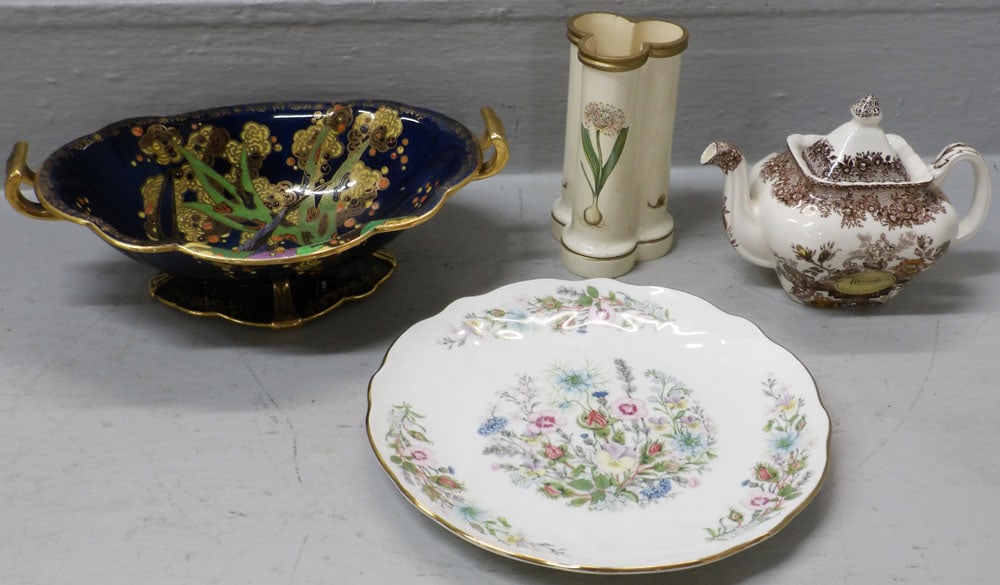 Crown Devon Porcelain Compote, Mason's Teapot, Carolyn Sheffield Vase, & Aynsley Plate: Crown Devon Porcelain Compote, Mason's Teapot, Carolyn Sheffield Vase, & Aynsley Plate. Up to 4 1/2" H 12 1/2" W 8 1/4" D "ALL DESCRIPTIONS AND ANY CONDITION STATEMENT GIVEN BY LANGSTON AUCTION