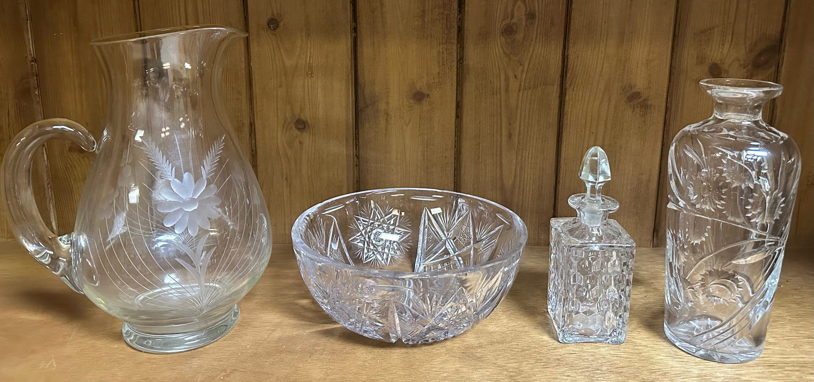 American Fostoria Perfume, Antique Cut Glass Bowl, Cut Thistle Decanter, & Etched Pitcher (1 of 5)