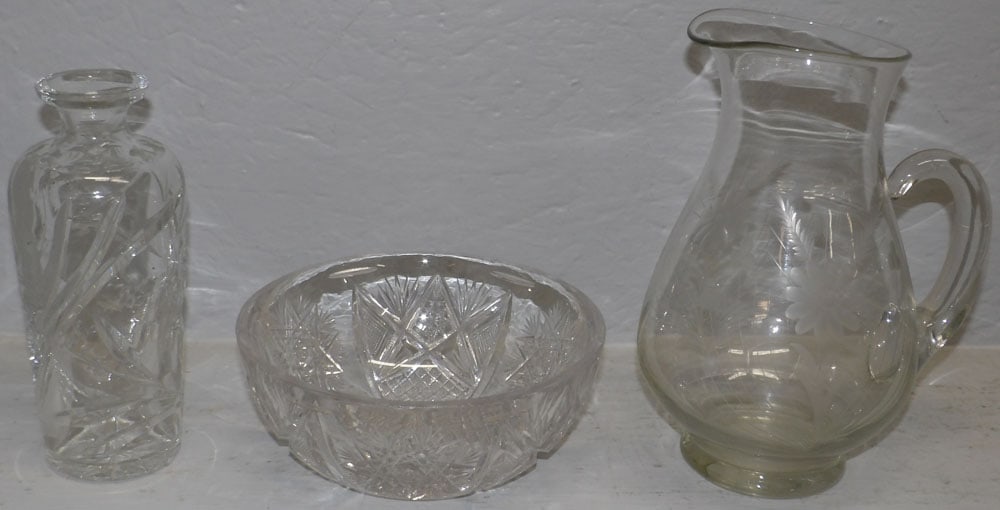 American Fostoria Perfume, Antique Cut Glass Bowl, Cut Thistle Decanter, & Etched Pitcher: American Fostoria Perfume, Antique Cut Glass Bowl, Cut Thistle Decanter, & Etched Pitcher. Up to 9 3/4" H 7 1/4" W "ALL DESCRIPTIONS AND ANY CONDITION STATEMENT GIVEN BY LANGSTON AUCTION GALLERY