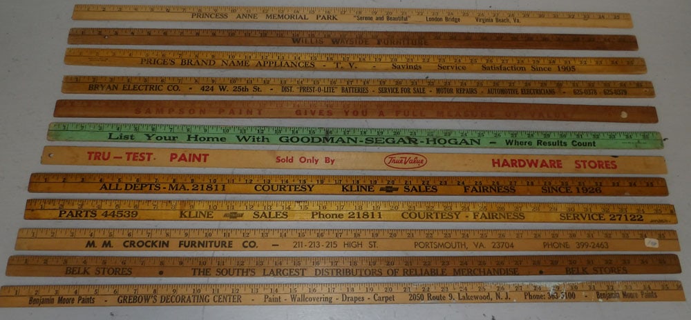Twelve Vintage Advertising Yard Sticks: Twelve Vintage Advertising Yard Sticks. 36" L "ALL DESCRIPTIONS AND ANY CONDITION STATEMENT GIVEN BY LANGSTON AUCTION GALLERY ARE STRICTLY OPINIONS AND LANGSTON'S SHALL HAVE NO RESPONSIBILITY FOR
