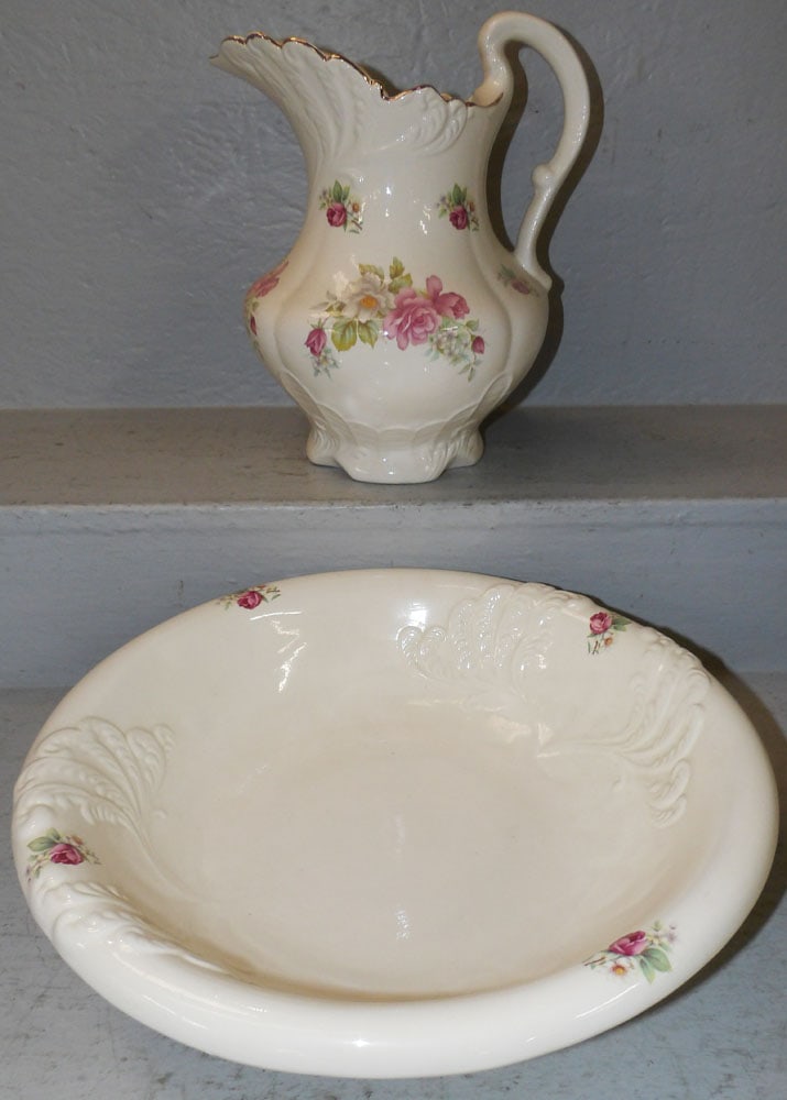 Painted Porcelain Bowl And Pitcher: Painted Porcelain Bowl And Pitcher. Up to 4 1/4" H 15 1/2" Dia. "ALL DESCRIPTIONS AND ANY CONDITION STATEMENT GIVEN BY LANGSTON AUCTION GALLERY ARE STRICTLY OPINIONS AND LANGSTON'S SHALL HAVE NO