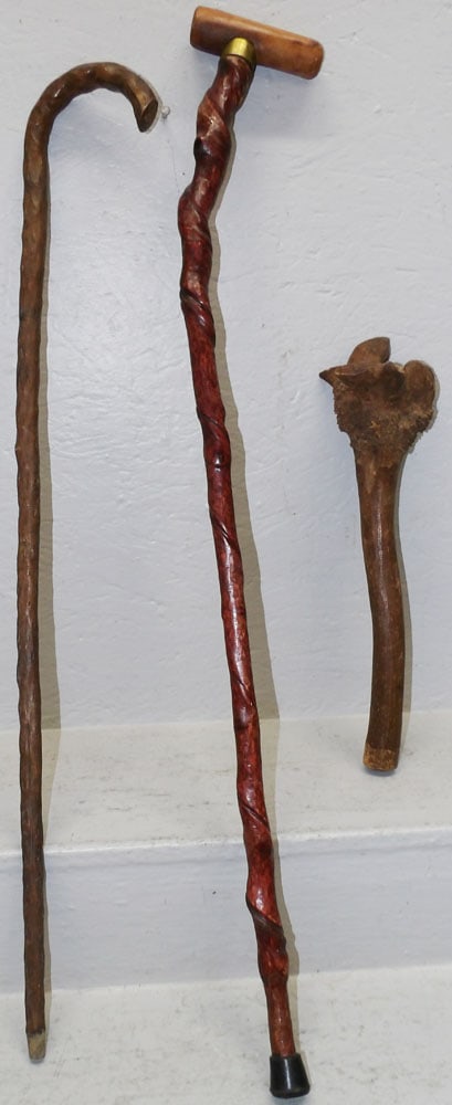 Two Wooden Walking Sticks & Root Mallet (1 of 6)