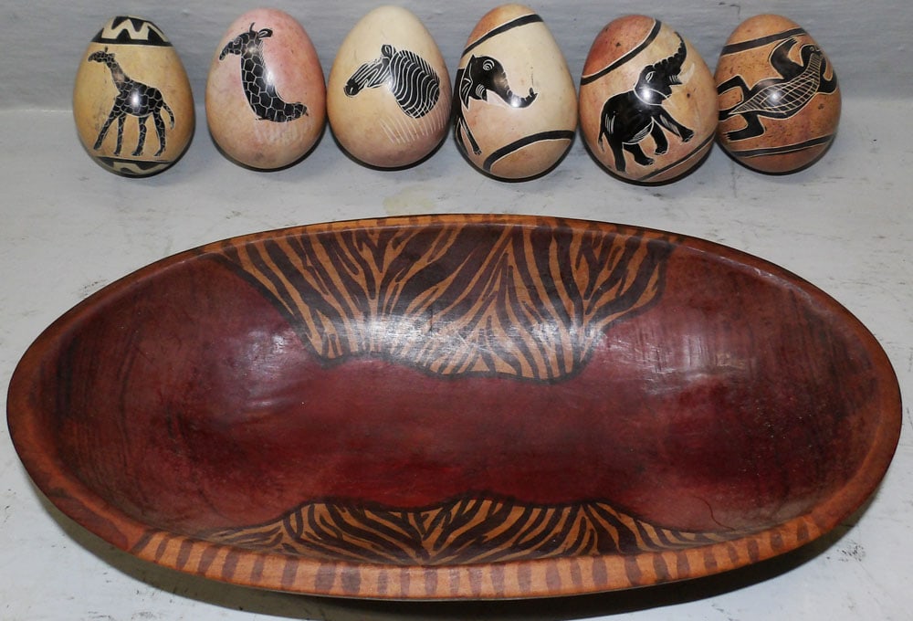 Lot Painted Stone Eggs And Wooden Bowl: Lot Painted Stone Eggs And Wooden Bowl. 12" H 6 1/4" W "ALL DESCRIPTIONS AND ANY CONDITION STATEMENT GIVEN BY LANGSTON AUCTION GALLERY ARE STRICTLY OPINIONS AND LANGSTON'S SHALL HAVE NO