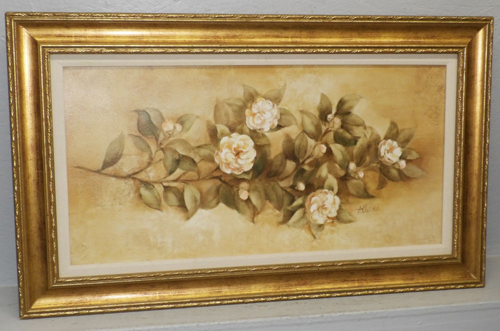 Framed Print on Canvas Still Life Titled "Sugar Magnolia" by Albena Hristova: Framed Print on Canvas Still Life Titled "Sugar Magnolia" by Albena Hristova. 26 1/2" x 44 1/2" "ALL DESCRIPTIONS AND ANY CONDITION STATEMENT GIVEN BY LANGSTON AUCTION GALLERY ARE STRICTLY OPINIONS