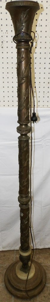 Metal & Marble Floor Lamp: Metal & Marble Floor Lamp. 60 1/2" H 10 1/2" Dia. "ALL DESCRIPTIONS AND ANY CONDITION STATEMENT GIVEN BY LANGSTON AUCTION GALLERY ARE STRICTLY OPINIONS AND LANGSTON'S SHALL HAVE NO RESPONSIBILITY