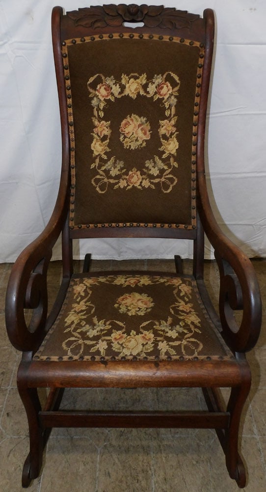 Mahogany Needlepoint Upholstered Rocker (1 of 5)