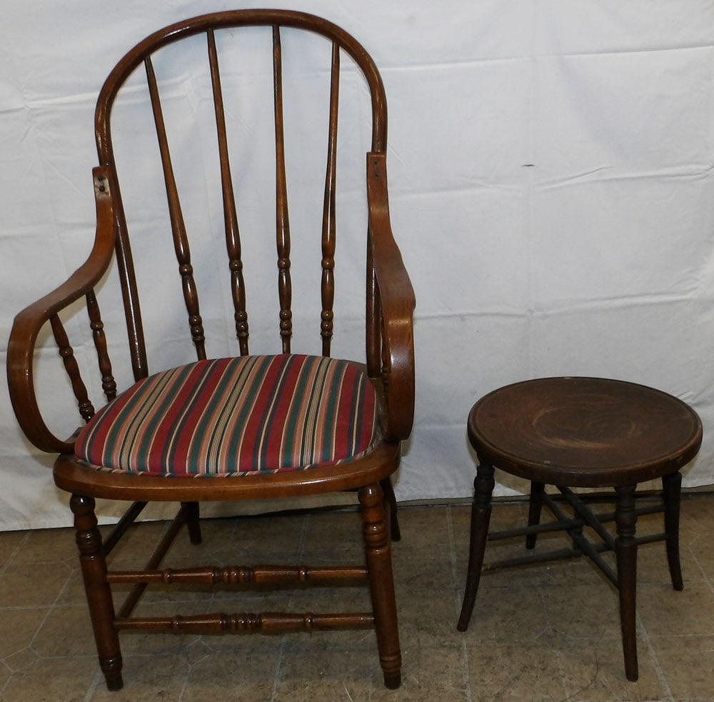 Antique Oak Arm Chair & Stool (1 of 4)