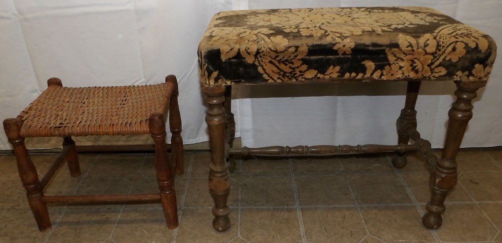 Walnut Upholstered Top Bench & Rattan Top Stool (1 of 3)